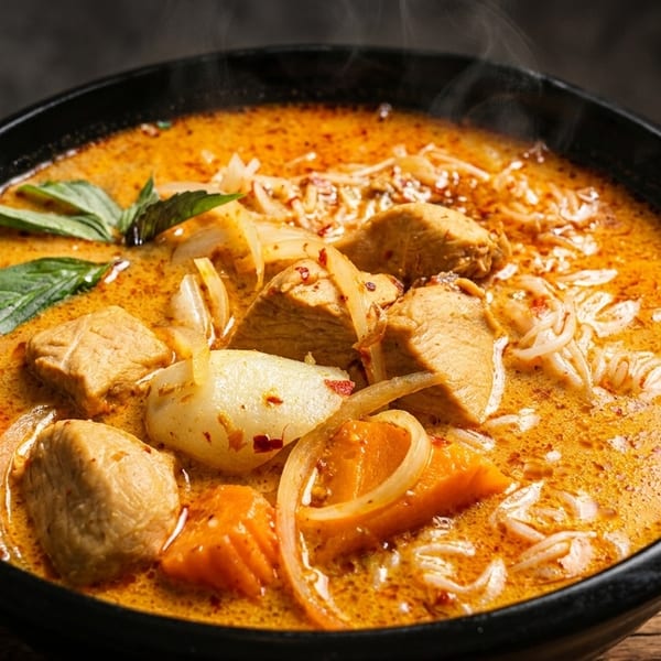 Steaming bowl of orange curry with chicken, vegetables, noodles, and basil on a wooden table.