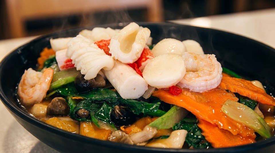Steaming hot seafood and vegetable stir-fry with shrimp, squid, and crab sticks in a black bowl.