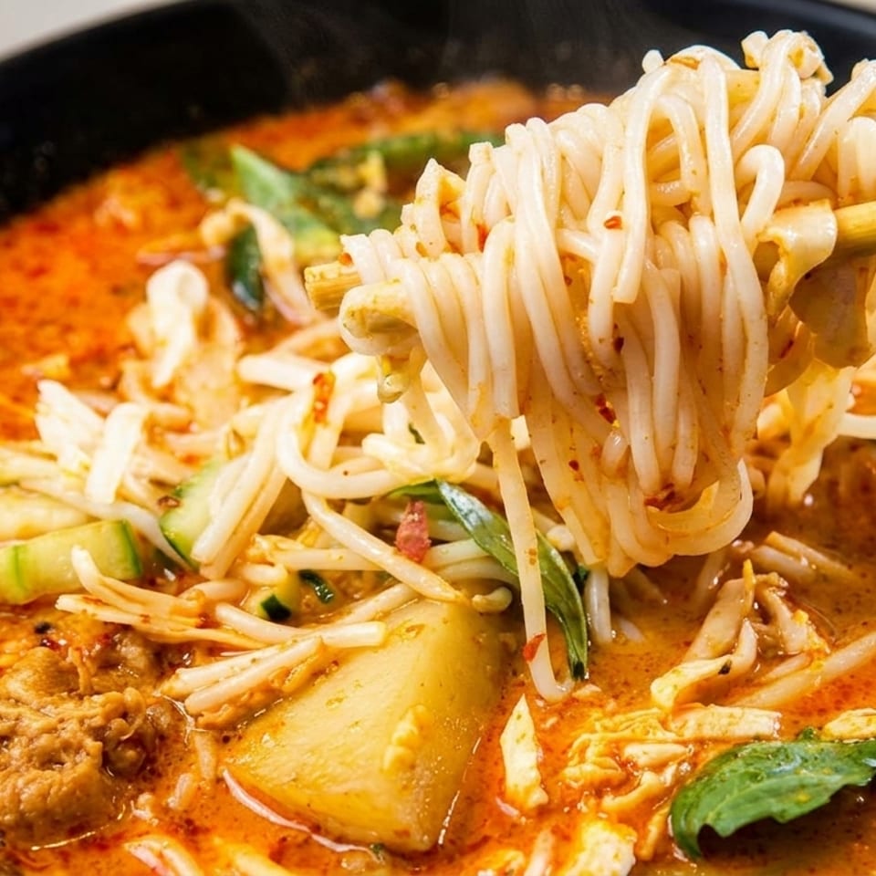 Chopsticks lifting steaming noodles from a vibrant orange laksa soup with vegetables and tofu.
